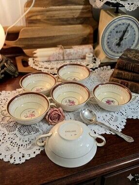 Vintage JOHNSON BROS England "Pareek" Double-Handled Soup Bowls - Set Of 6